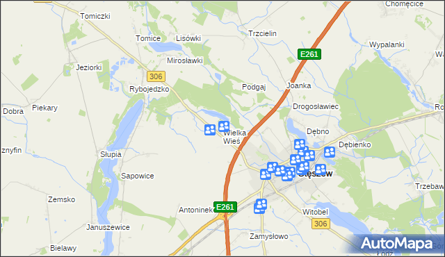 mapa Wielka Wieś gmina Stęszew, Wielka Wieś gmina Stęszew na mapie Targeo