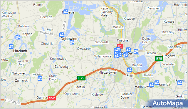 mapa Wilamowice gmina Skoczów, Wilamowice gmina Skoczów na mapie Targeo