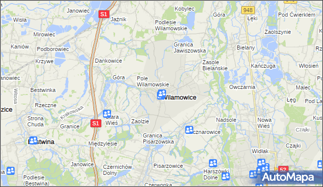 mapa Wilamowice powiat bielski, Wilamowice powiat bielski na mapie Targeo