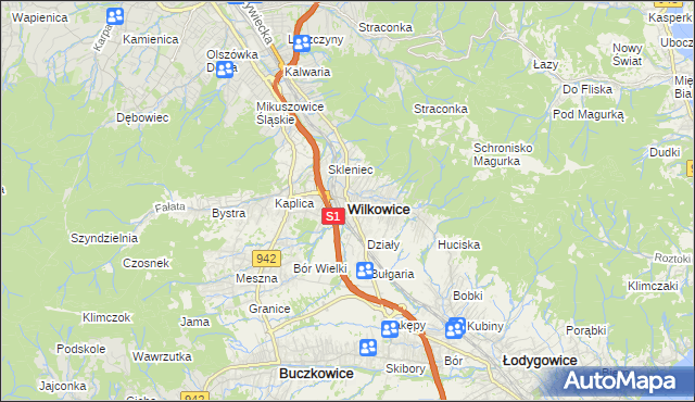 mapa Wilkowice powiat bielski, Wilkowice powiat bielski na mapie Targeo