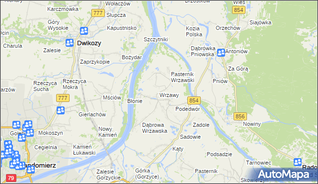 mapa Wrzawy gmina Gorzyce, Wrzawy gmina Gorzyce na mapie Targeo