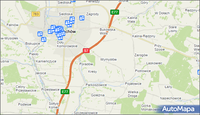 mapa Wymysłów gmina Miechów, Wymysłów gmina Miechów na mapie Targeo