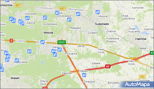 mapa Zakręt gmina Wiązowna, Zakręt gmina Wiązowna na mapie Targeo