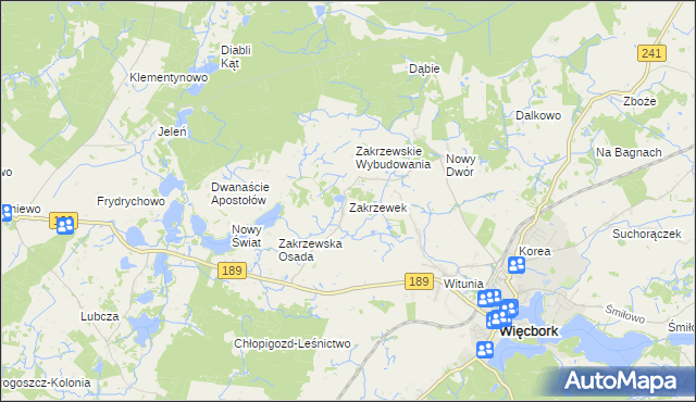 mapa Zakrzewek gmina Więcbork, Zakrzewek gmina Więcbork na mapie Targeo