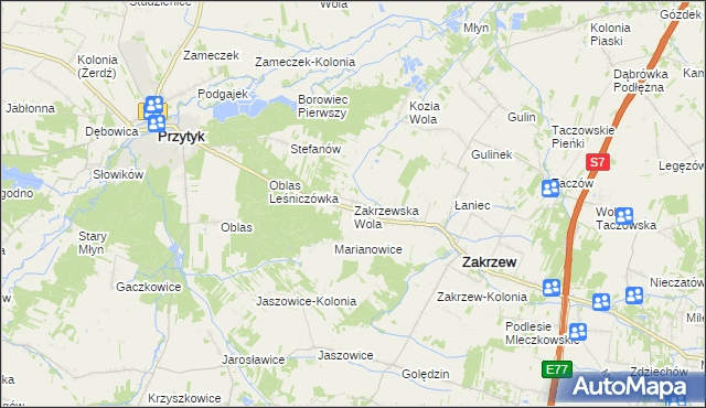 mapa Zakrzewska Wola gmina Zakrzew, Zakrzewska Wola gmina Zakrzew na mapie Targeo