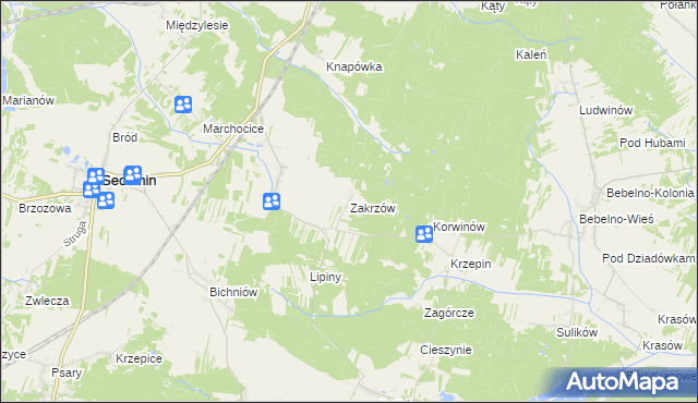 mapa Zakrzów gmina Secemin, Zakrzów gmina Secemin na mapie Targeo