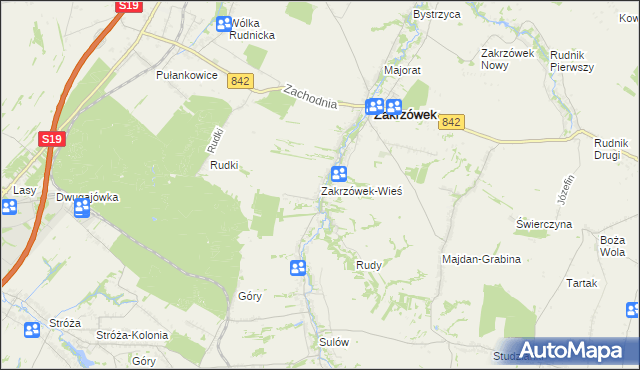 mapa Zakrzówek-Wieś gmina Zakrzówek, Zakrzówek-Wieś gmina Zakrzówek na mapie Targeo