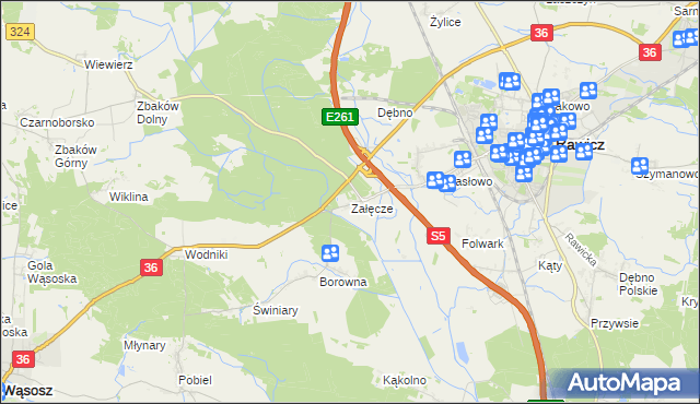 mapa Załęcze gmina Rawicz, Załęcze gmina Rawicz na mapie Targeo