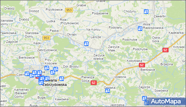 mapa Zarzyce Wielkie, Zarzyce Wielkie na mapie Targeo