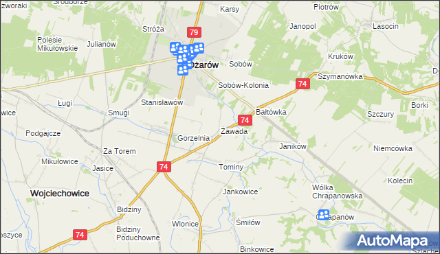 mapa Zawada gmina Ożarów, Zawada gmina Ożarów na mapie Targeo