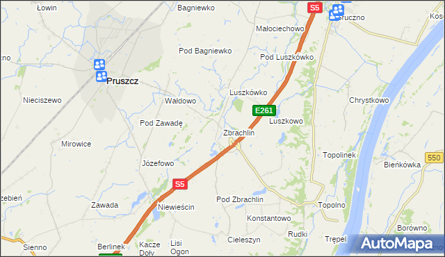 mapa Zbrachlin gmina Pruszcz, Zbrachlin gmina Pruszcz na mapie Targeo