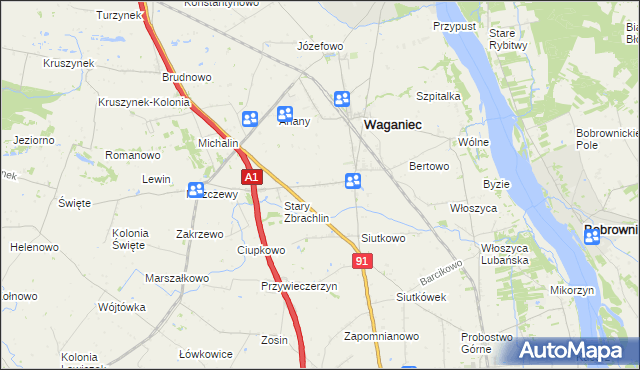 mapa Zbrachlin gmina Waganiec, Zbrachlin gmina Waganiec na mapie Targeo