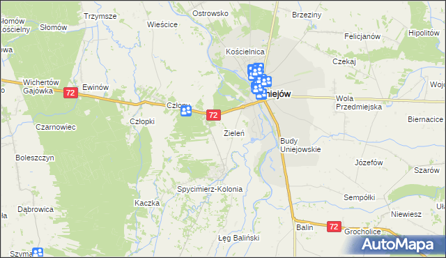 mapa Zieleń gmina Uniejów, Zieleń gmina Uniejów na mapie Targeo
