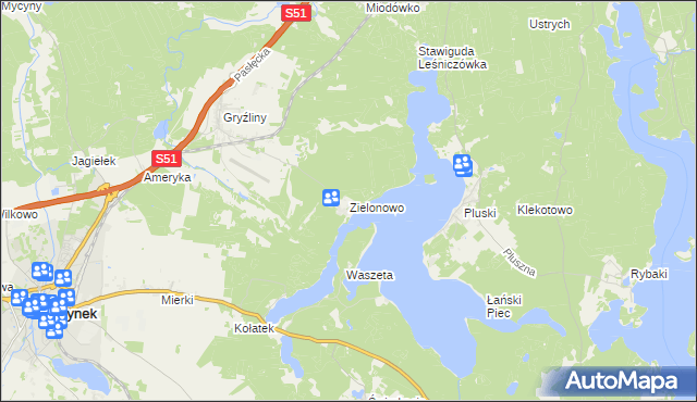 mapa Zielonowo gmina Stawiguda, Zielonowo gmina Stawiguda na mapie Targeo
