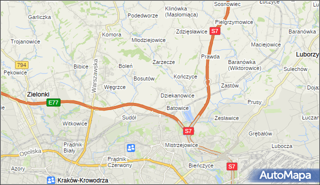 mapa Dziekanowice gmina Zielonki, Dziekanowice gmina Zielonki na mapie Targeo