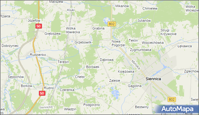mapa Dąbrowa gmina Siennica, Dąbrowa gmina Siennica na mapie Targeo