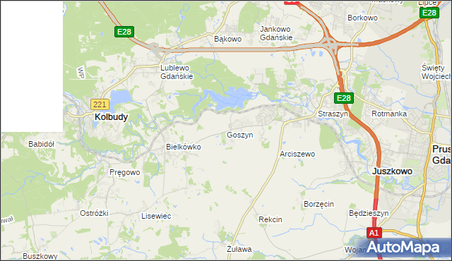 mapa Goszyn gmina Pruszcz Gdański, Goszyn gmina Pruszcz Gdański na mapie Targeo