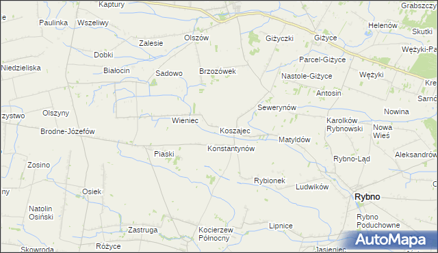 mapa Koszajec gmina Rybno, Koszajec gmina Rybno na mapie Targeo