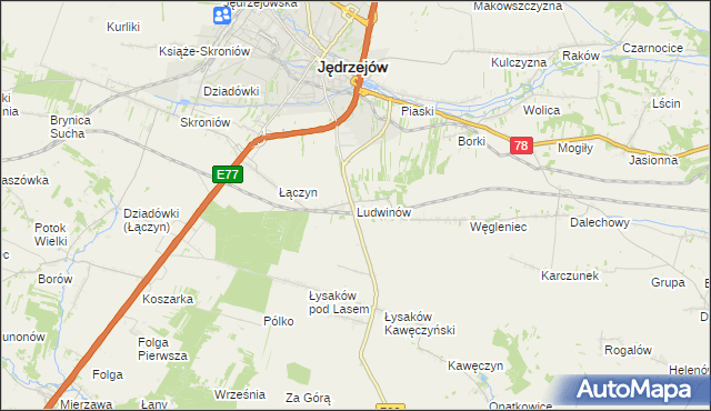 mapa Ludwinów gmina Jędrzejów, Ludwinów gmina Jędrzejów na mapie Targeo