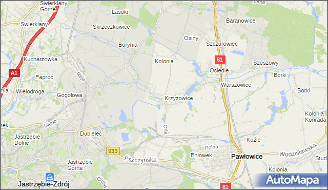 mapa Krzyżowice gmina Pawłowice, Krzyżowice gmina Pawłowice na mapie Targeo