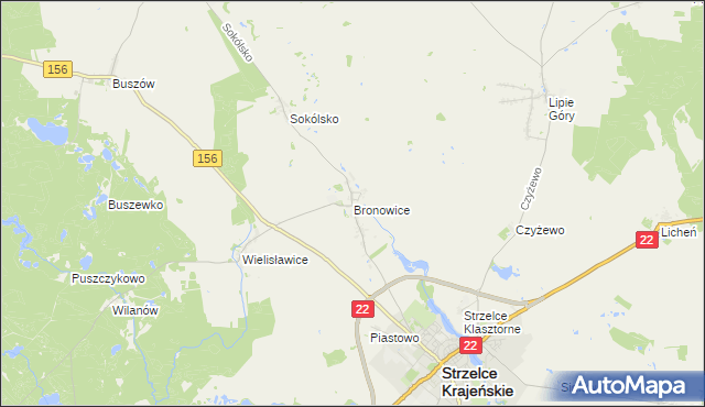 mapa Bronowice gmina Strzelce Krajeńskie, Bronowice gmina Strzelce Krajeńskie na mapie Targeo