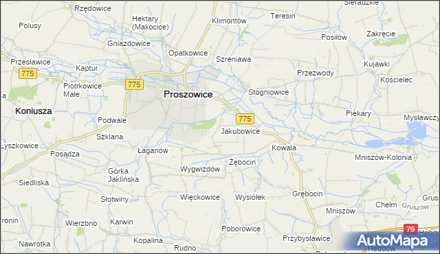 mapa Jakubowice gmina Proszowice, Jakubowice gmina Proszowice na mapie Targeo