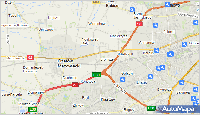 mapa Bronisze gmina Ożarów Mazowiecki, Bronisze gmina Ożarów Mazowiecki na mapie Targeo
