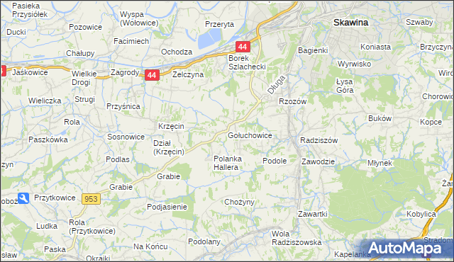 mapa Gołuchowice gmina Skawina, Gołuchowice gmina Skawina na mapie Targeo