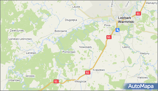 mapa Nowosady gmina Lidzbark Warmiński, Nowosady gmina Lidzbark Warmiński na mapie Targeo