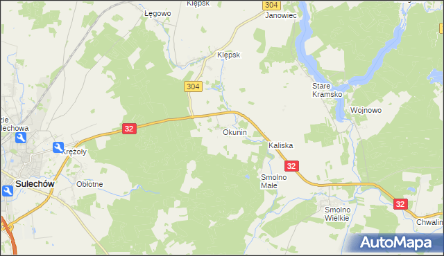 mapa Okunin gmina Sulechów, Okunin gmina Sulechów na mapie Targeo