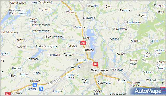 mapa Tomice powiat wadowicki, Tomice powiat wadowicki na mapie Targeo