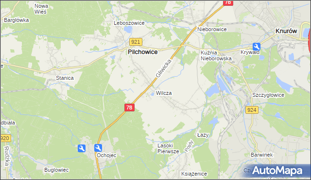mapa Wilcza gmina Pilchowice, Wilcza gmina Pilchowice na mapie Targeo
