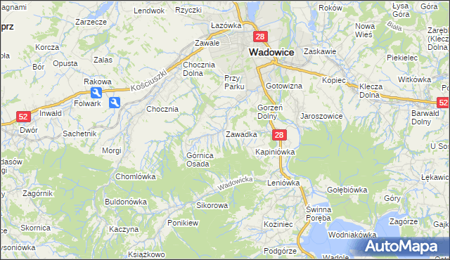 mapa Zawadka gmina Wadowice, Zawadka gmina Wadowice na mapie Targeo