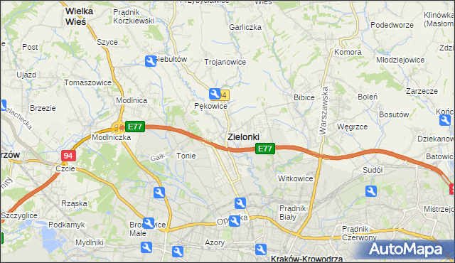 mapa Zielonki powiat krakowski, Zielonki powiat krakowski na mapie Targeo