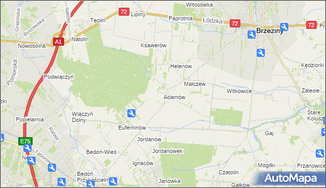 mapa Adamów gmina Brzeziny, Adamów gmina Brzeziny na mapie Targeo