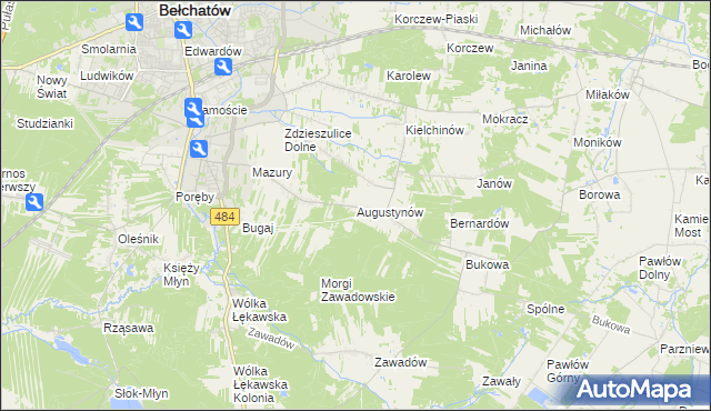 mapa Augustynów gmina Bełchatów, Augustynów gmina Bełchatów na mapie Targeo