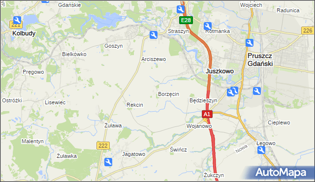 mapa Borzęcin gmina Pruszcz Gdański, Borzęcin gmina Pruszcz Gdański na mapie Targeo