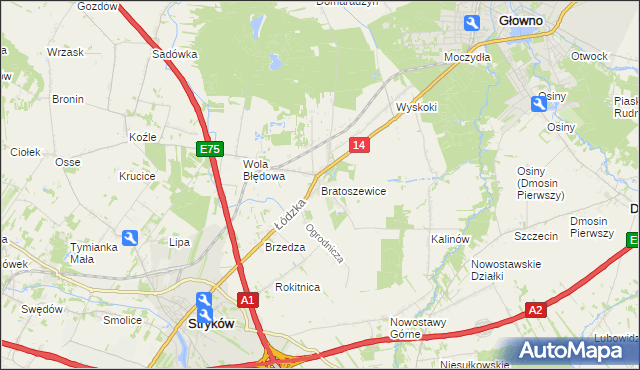 mapa Bratoszewice, Bratoszewice na mapie Targeo