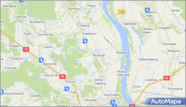 mapa Brześce gmina Góra Kalwaria, Brześce gmina Góra Kalwaria na mapie Targeo