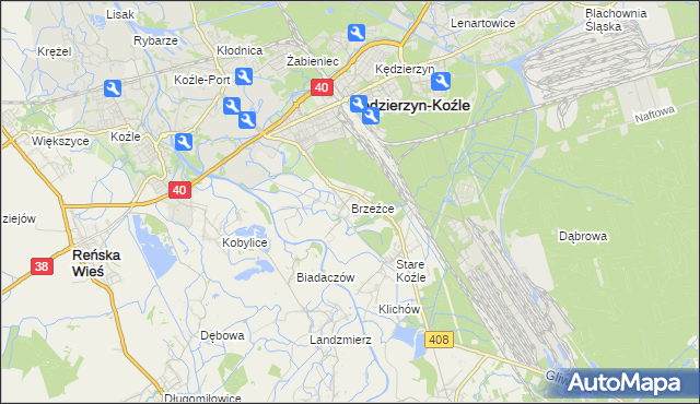 mapa Brzeźce gmina Bierawa, Brzeźce gmina Bierawa na mapie Targeo