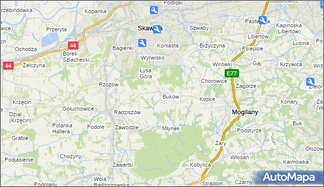 mapa Buków gmina Mogilany, Buków gmina Mogilany na mapie Targeo