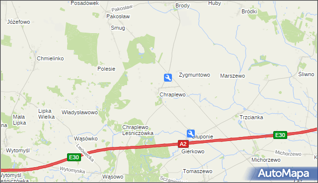 mapa Chraplewo gmina Kuślin, Chraplewo gmina Kuślin na mapie Targeo