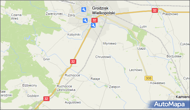 mapa Chrustowo gmina Grodzisk Wielkopolski, Chrustowo gmina Grodzisk Wielkopolski na mapie Targeo