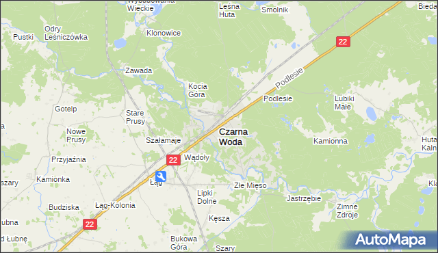 mapa Czarna Woda powiat starogardzki, Czarna Woda powiat starogardzki na mapie Targeo