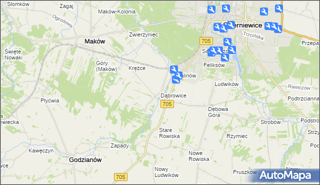 mapa Dąbrowice gmina Maków, Dąbrowice gmina Maków na mapie Targeo