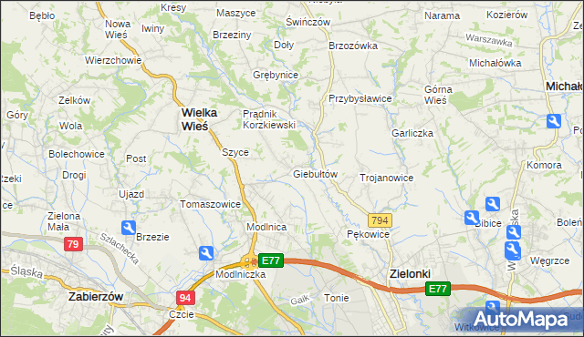 mapa Giebułtów gmina Wielka Wieś, Giebułtów gmina Wielka Wieś na mapie Targeo