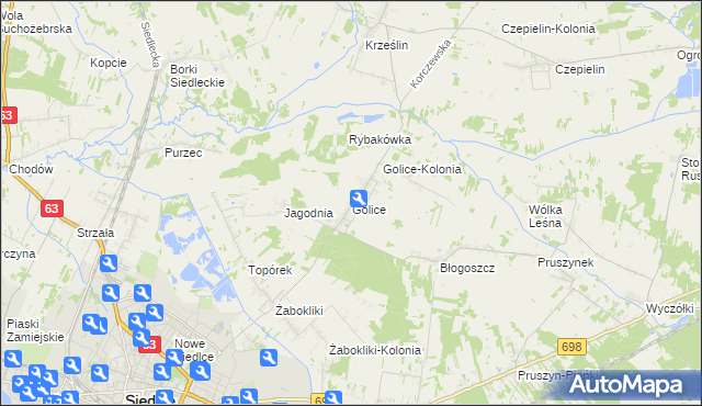 mapa Golice gmina Siedlce, Golice gmina Siedlce na mapie Targeo