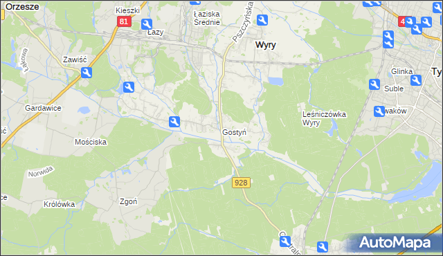 mapa Gostyń gmina Wyry, Gostyń gmina Wyry na mapie Targeo