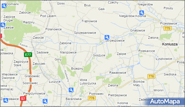 mapa Goszyce gmina Kocmyrzów-Luborzyca, Goszyce gmina Kocmyrzów-Luborzyca na mapie Targeo