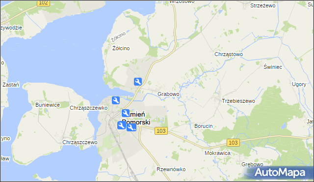 mapa Grabowo gmina Kamień Pomorski, Grabowo gmina Kamień Pomorski na mapie Targeo